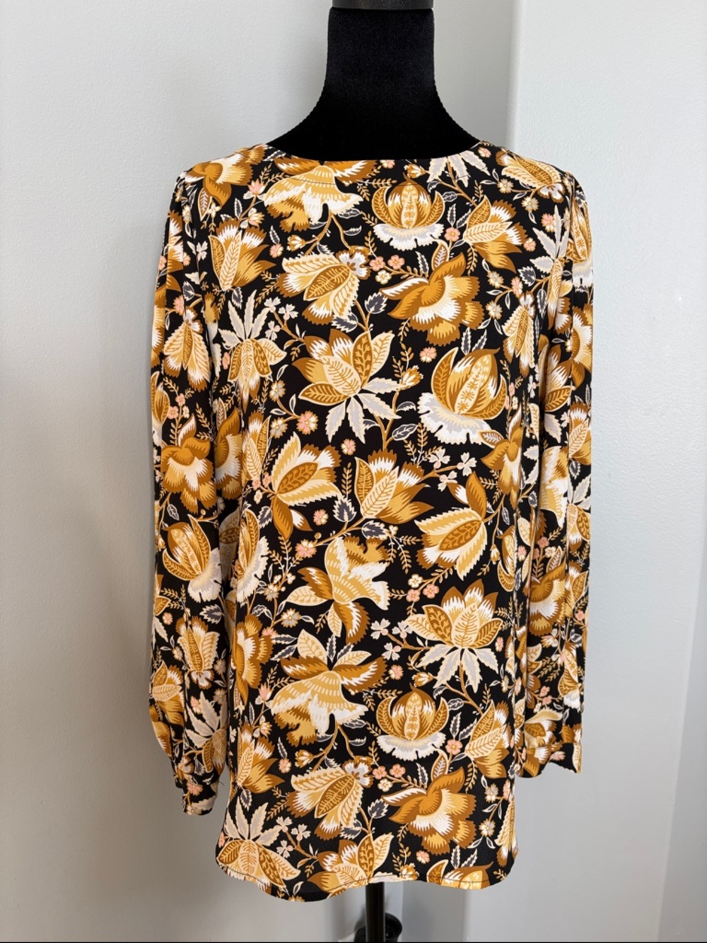 Ann Taylor LOFT Black and Mustard Floral Long Sleeve  Blouse